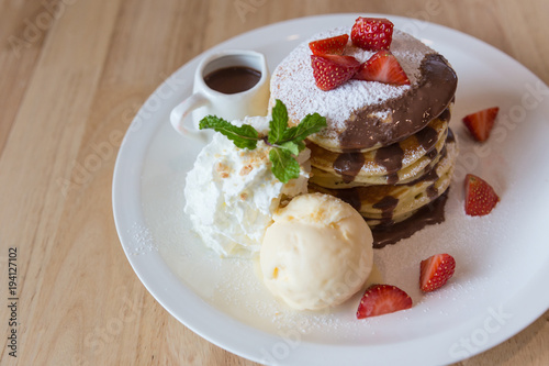 Chocolate Pancake ,Homemade pancakes with fresh strawbrry,ice cream and chocolate
