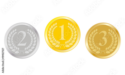 Gold, silver and bronze medals. 1st, 2nd, 3rd places award. Champion and winner prize. Vector illustration. 