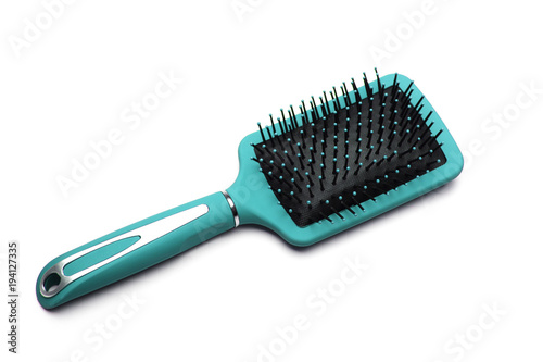 Top view of blue plastic hairbrush isolated on white