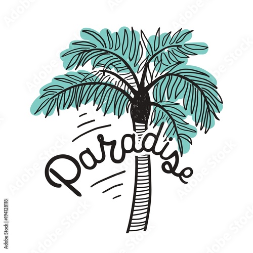 Paradise inscription written with cursive calligraphic font and exotic palm isolated on white background