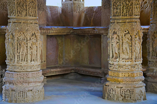 Carving details on outer wall of the Sun Temple. Built in 1026 - 27 AD during the reign of Bhima I of the Chaulukya dynasty, Modhera, Mehsana,  Gujarat photo