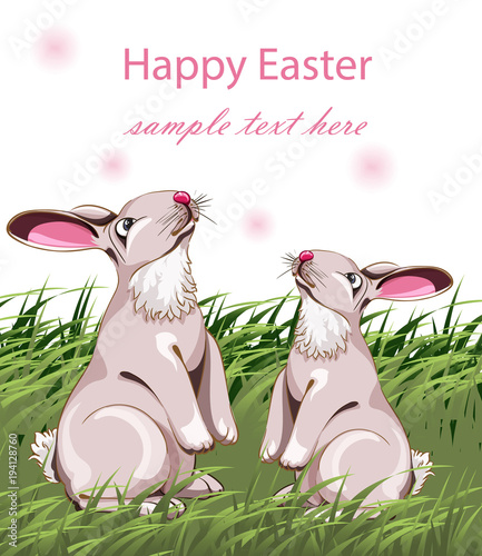 Happy Easter card with cute rabbits. Vector