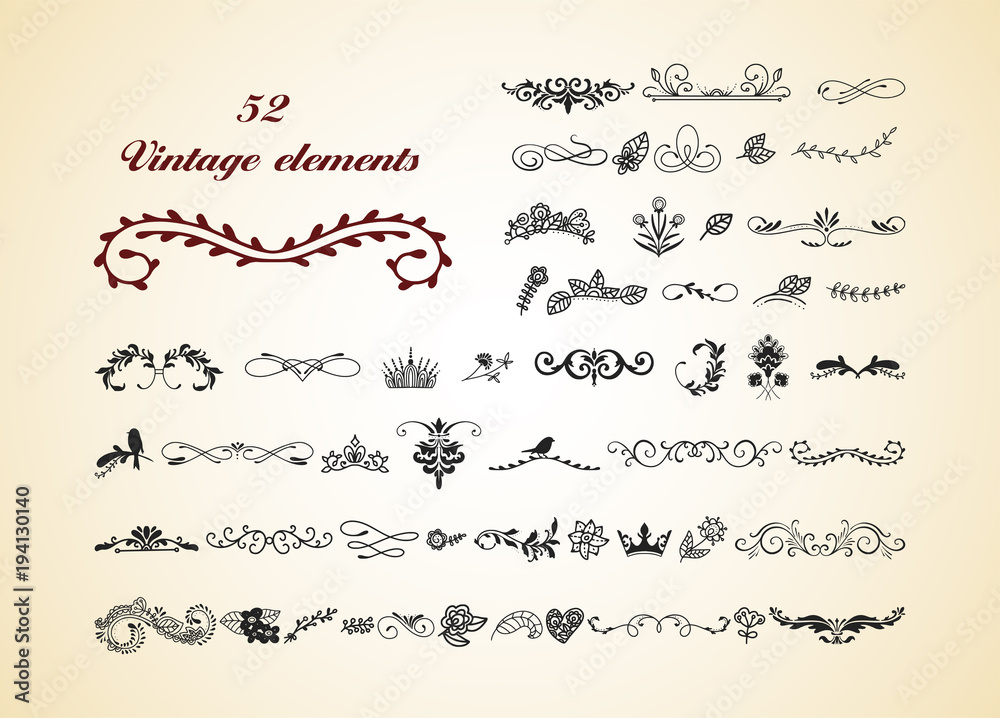Kit of Vintage Elements for Invitations, Banners, Posters, Placards, Badges or Logotypes.