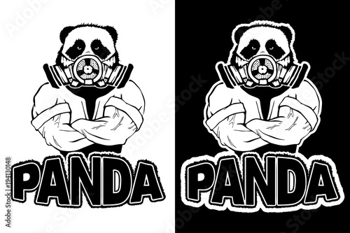 Isolated vector illustration a strong wild panda- man in a gas mask.