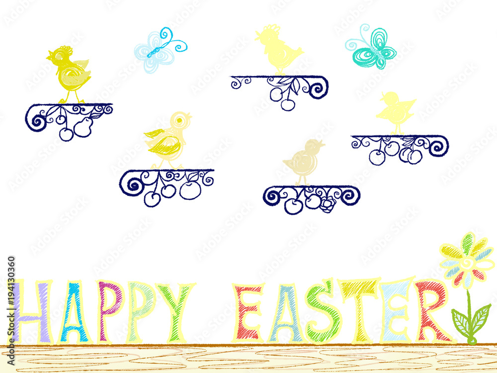 Colorful hand drawn bright chics and letters as phrase Happy Easter on white background, isolated cartoon illustration for Easter painted by pastel, paper pencil chalk, high quality
