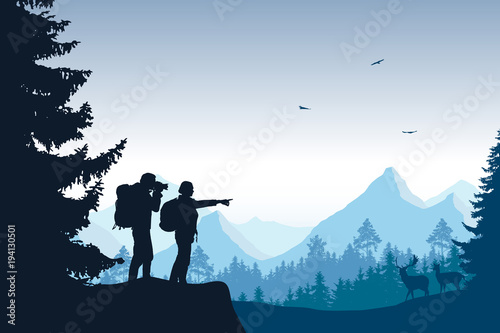 A mountain landscape with a forest and tourists photographing a deer, under a blue sky