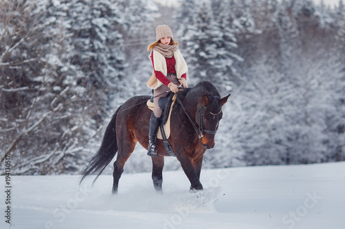 Horse. Girl rider rides brown horse through winter forest in snow. Concept preparation for competitions.