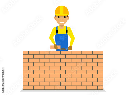 Vector cartoon bricklayer is building a brick wall
