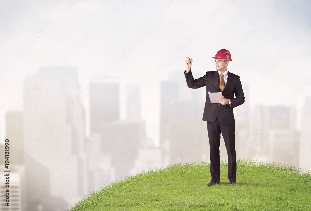 man standing in front of city landscape