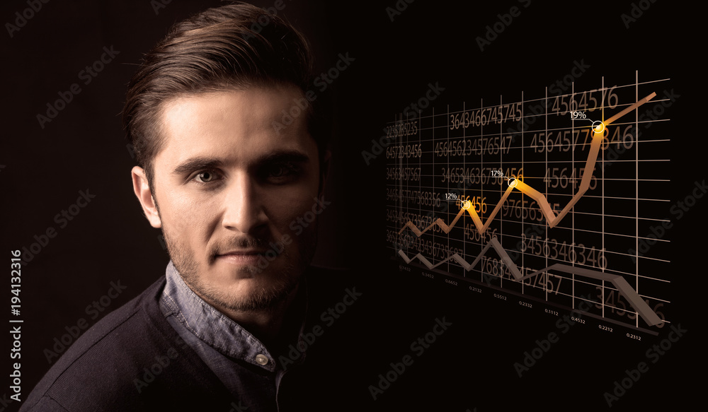 Happy businessman with a growing graph Happy businessman with a growing graph