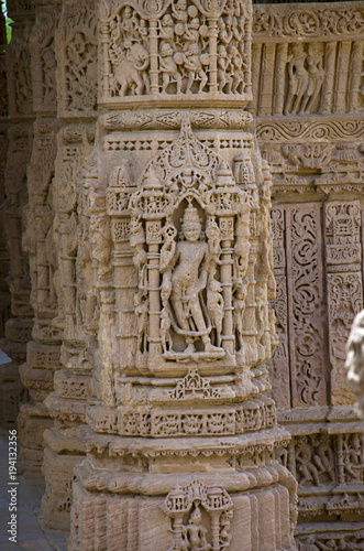 Carving details on the pillar of the Sun Temple. Built in 1026 - 27 AD during the reign of Bhima I of the Chaulukya dynasty, Modhera, Mehsana, Gujarat