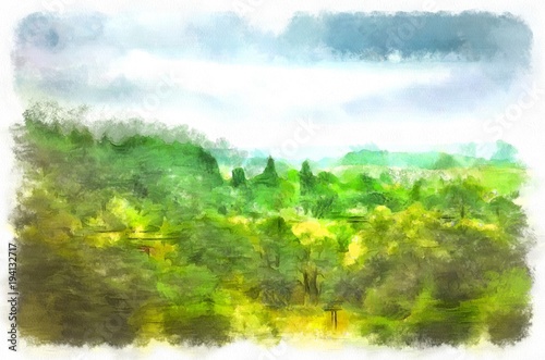 Watercolor landscape  gloomy summer morning. Rainy sky  hung over the summer  bright green forest