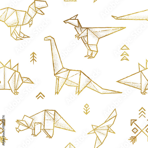 Golden contour origami dinosaurs seamless pattern. Fun design for background, fabric, wrapping. photo