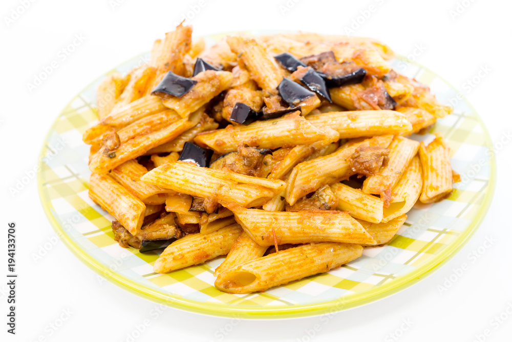 pasta with aubergine and tomato sauce on a the table pasta with aubergine and tomato sauce on a the table