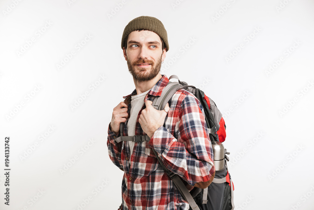 Portrait of a happy bearded man tourist in plaid shirt Portrait of a happy bearded man tourist in plaid shirt