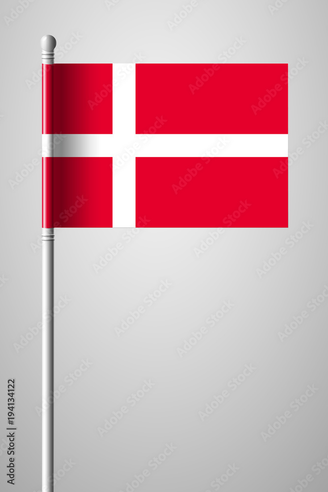 Flag of Denmark. National Flag on Flagpole. Isolated Illustration on Gray