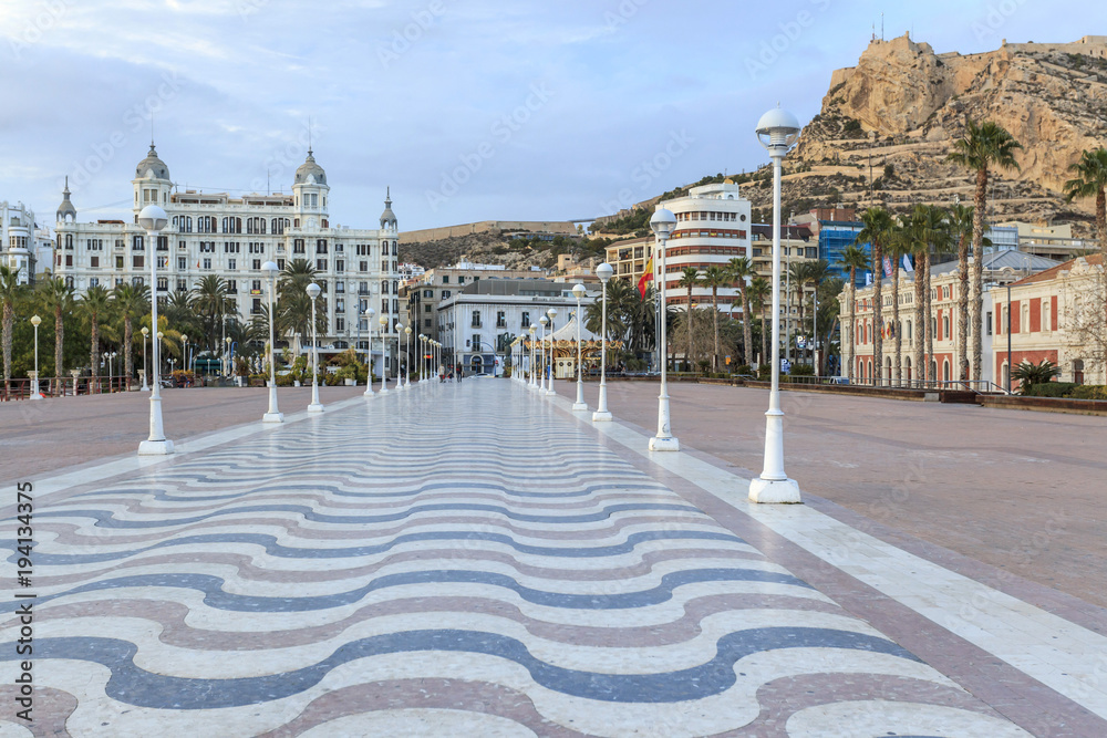  Iconic city point close to port, square puerta del mar.Alicante, Spain.
