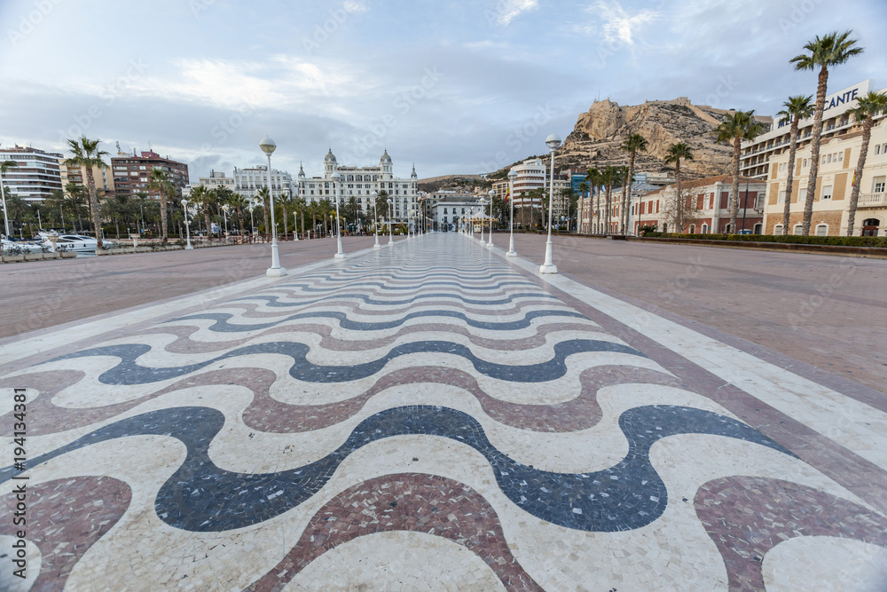  Iconic city point close to port, square puerta del mar.Alicante, Spain.