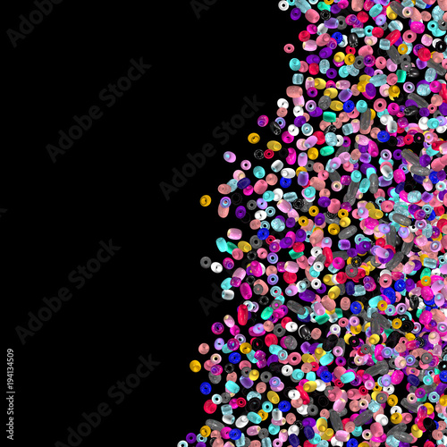 Beads isolated on black. Fashion accessory. Handmade craft. Glass beads top view. Sequins. Heap of gems. Rhinestones. Realistic illustration. 3d rendering. Hobby. Jewelry making.