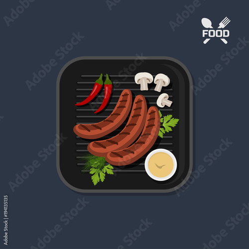 Icon of grilled sausages on pan with sause. Top view. Barbecue dish. Meat fast food. Image of picnic