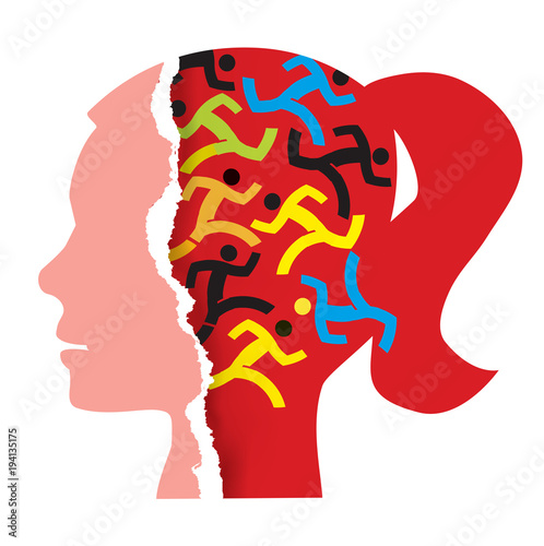 Woman hidden stress concept.
Stylized female Head silhouette with running people icons symbolized stress. Vector available.