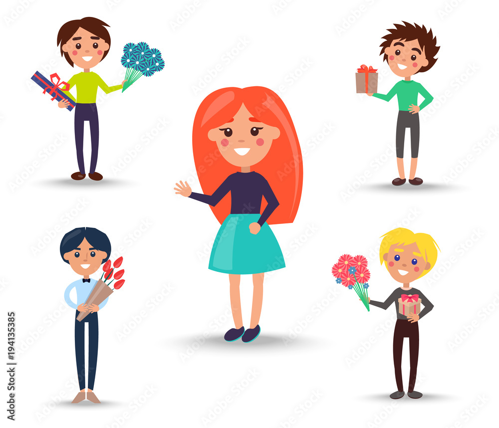 Redhead Girl in Full Skirt and Boys with Gifts Redhead Girl in Full Skirt and Boys with Gifts