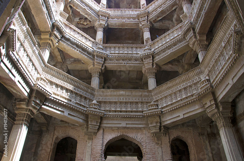 Inner view of Adalaj Ni Vav  Stepwell  or Rudabai Stepwell. Built in 1498 by Rana Veer Singh is five stories deep. Ahmedabad  Gujarat  India