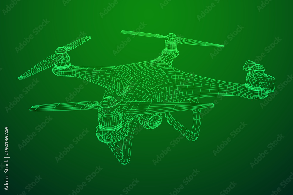 Remote control air drone. Dron flying with action video camera. Wireframe low poly mesh vector illustration Remote control air drone. Dron flying with action video camera. Wireframe low poly mesh vector illustration