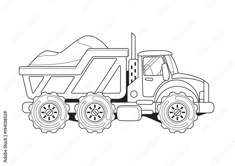 Truck with Sand Side View Coloring Book. Line Art. Truck with Sand Side View Coloring Book. Line Art.