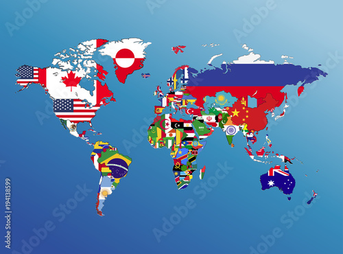 Fototapeta Naklejka Na Ścianę i Meble -  World map geography and nation flag America Europe Asia Africa with blue background,Paper art style