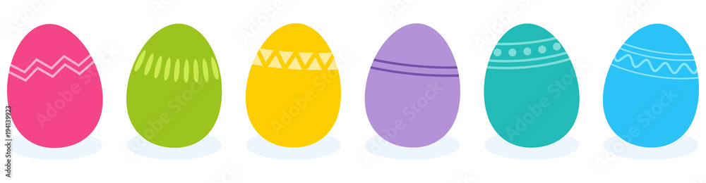 Obraz premium Simple vector illustration of six colorful flat design easter eggs with geometric pattern designs isolated on white background