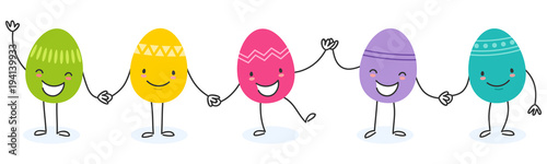 Simple vector illustration of five colorful flat design easter eggs, cartoon characters holding hands isolated on white background