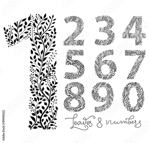 Set of numbers from one to ten, made with hand drawn leaves