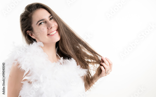 Long haired laughing lady in white.