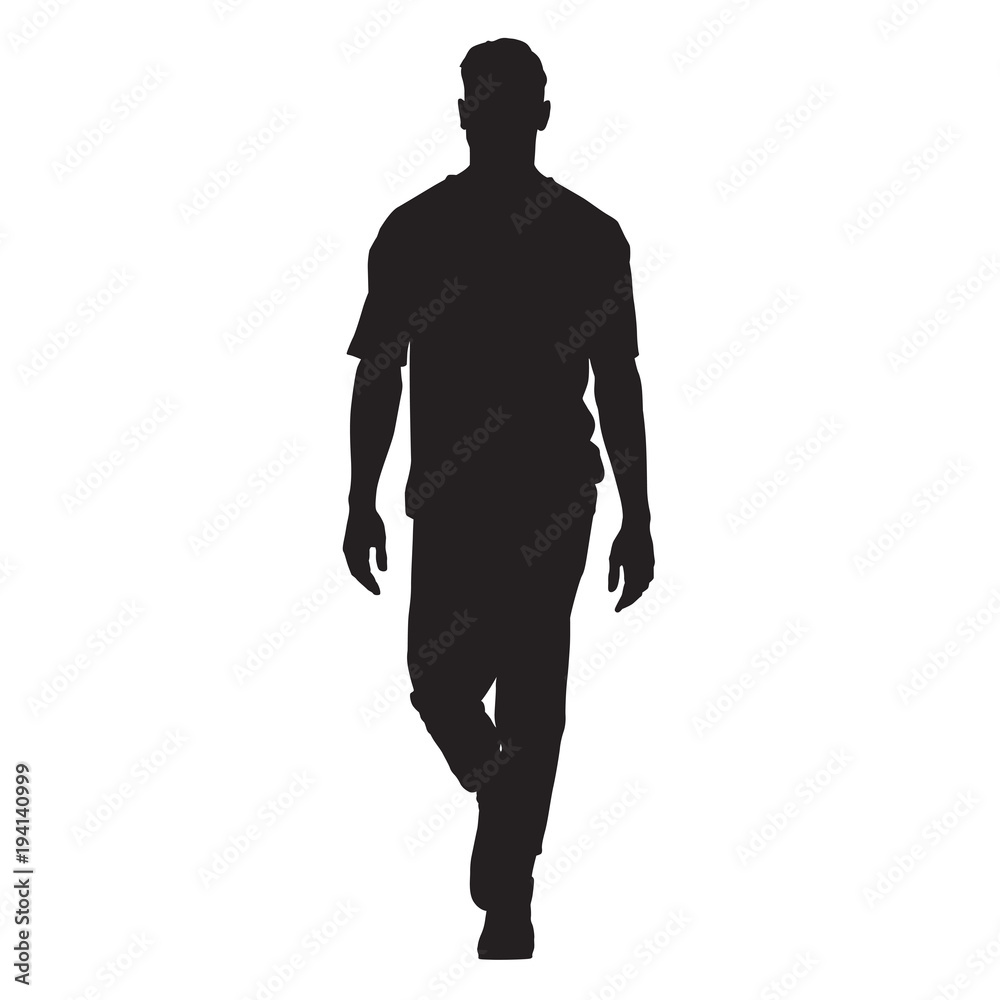 Handsome man in t-shirt walking forward, isolated vector silhouette, front view - obrazy, fototapety, plakaty 