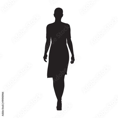 Business woman walking, isolated vector silhouette, front view