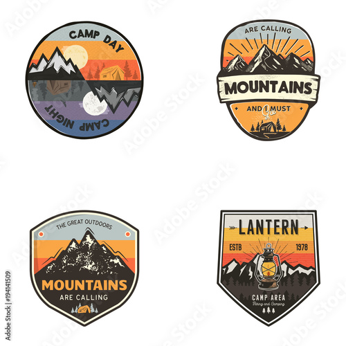 Set of vintage hand drawn travel logos. Hiking labels concepts. Mountain expedition badge designs. Travel logos, trekking logotypes collection. Stock vector retro patches isolated on white background