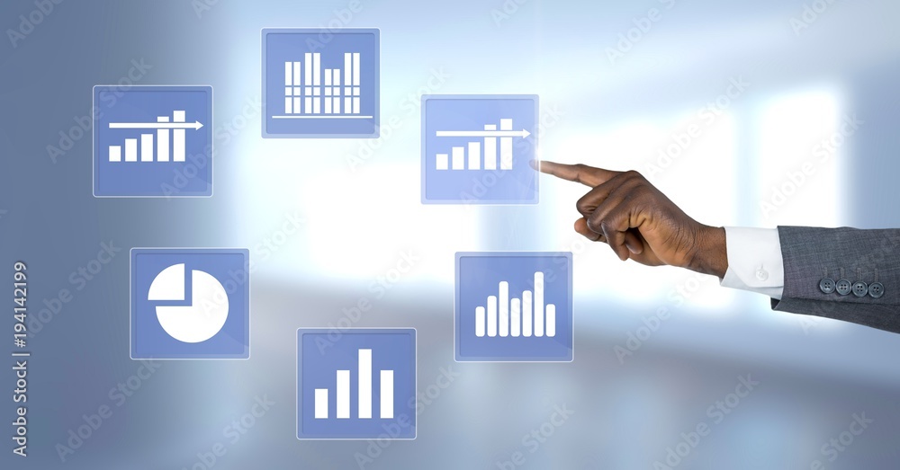Hand touching business chart statistic icons Hand touching business chart statistic icons