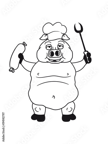 koch kochen grillen bbq chef küche schürze lecker essen hunger groß dick fett schwein eber ferkel comic cartoon lachen clipart