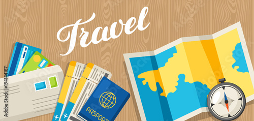Travel concept illustration. Traveling background with tourist items on wooden table. Top view