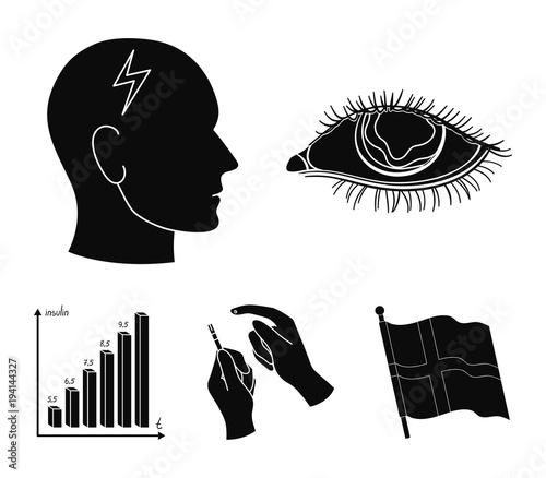 Poor vision, headache, glucose test, insulin dependence. Diabetic set collection icons in black style vector symbol stock illustration web.
