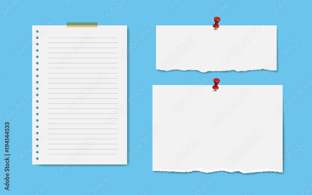Blank squared notepad pages with tape and pin. Note paper stuck with beige sticky tape and pin. Blank squared notepad pages with tape and pin. Note paper stuck with beige sticky tape and pin.