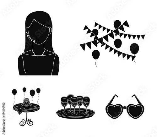Garland with flags and balls, leading celebration with a microphone, a tray with glasses with champagne, a table covered with a tablecloth with plates, cake and balls. Event services set collection