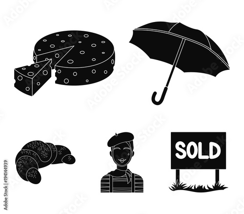 Umbrella, traditional, cheese, mime .France country set collection icons in black style vector symbol stock illustration web.