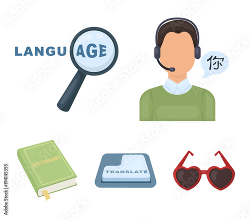 A translator in headphones, a magnifying glass showing translation, a button with an inscription, a book with a bookmark. Interpreter and translator set collection icons in cartoon style vector symbol