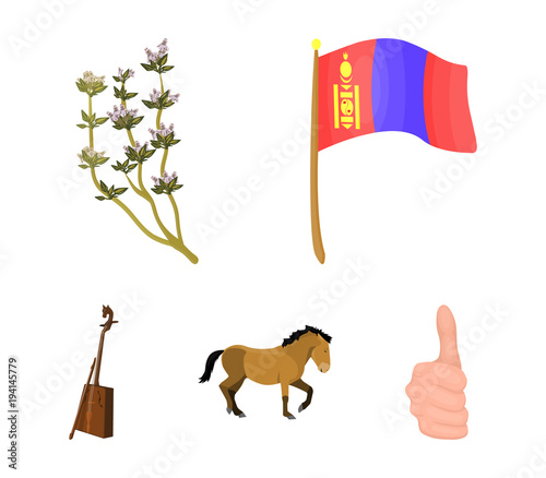 National flag, horse, musical instrument, steppe plant. Mongolia set collection icons in cartoon style vector symbol stock illustration web.