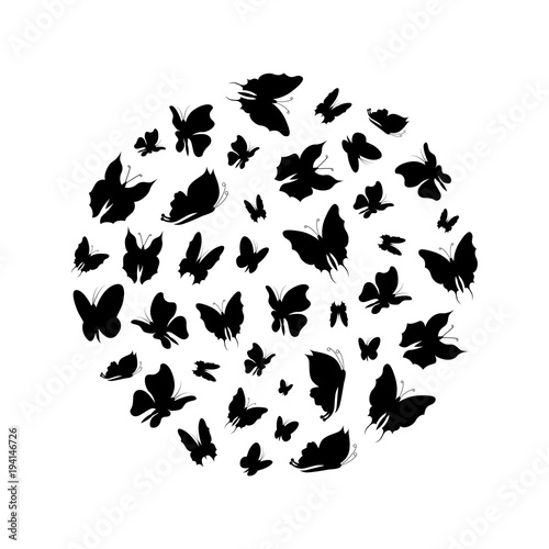 Silhouette Black Fly Flock Of Butterflies Round Design Template. Vector
