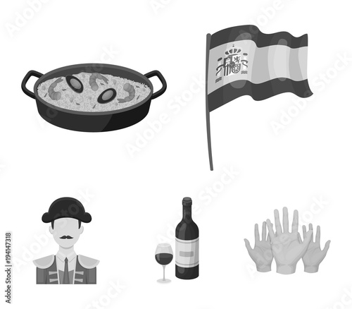 Flag with the coat of arms of Spain, a national dish with rice and tomatoes, a bottle of wine with a glass, a bullfighter, a matador. Spain country set collection icons in monochrome style vector