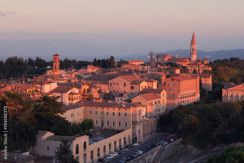 Beautiful view of the ancient city of Perugia in sunset. Umbria, Italy