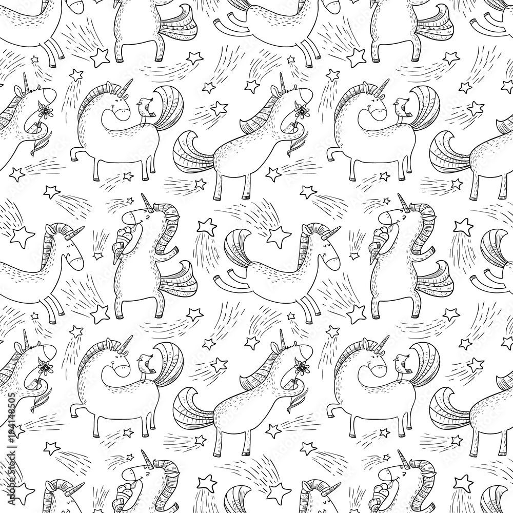 Magic unicorns background. Seamless pattern with mystical horse in doodle children style.